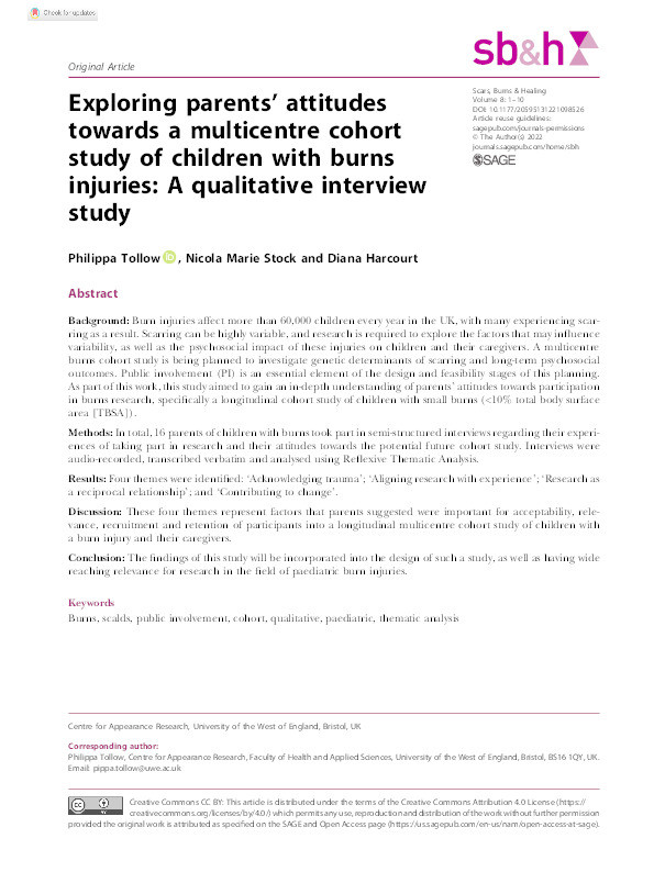 Exploring parents’ attitudes towards a multicentre cohort study of children with burns injuries: A qualitative interview study Thumbnail