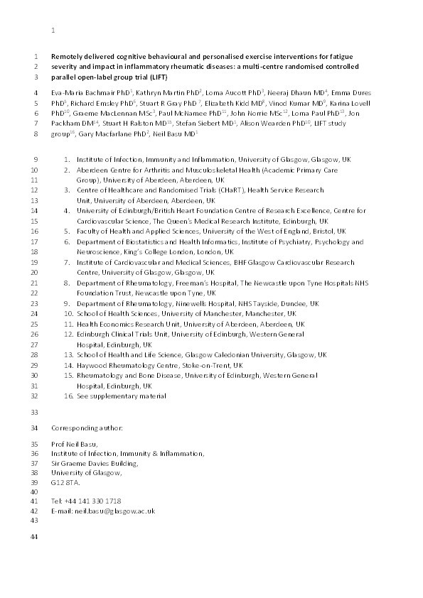 Remotely delivered cognitive behavioural and personalised exercise interventions for fatigue severity and impact in inflammatory rheumatic diseases (LIFT): a multicentre, randomised, controlled, open-label, parallel-group trial Thumbnail