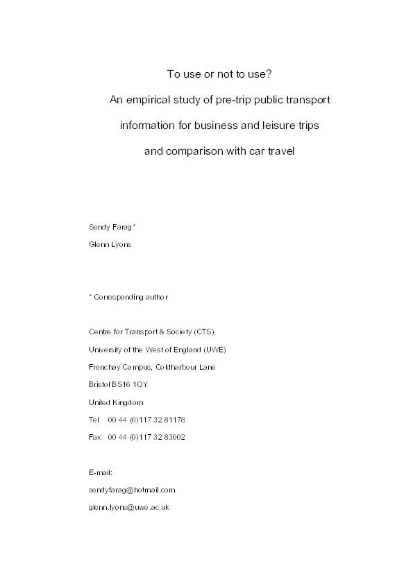 To use or not to use? An empirical study of pre-trip public transport information for business and leisure trips and comparison with car travel Thumbnail