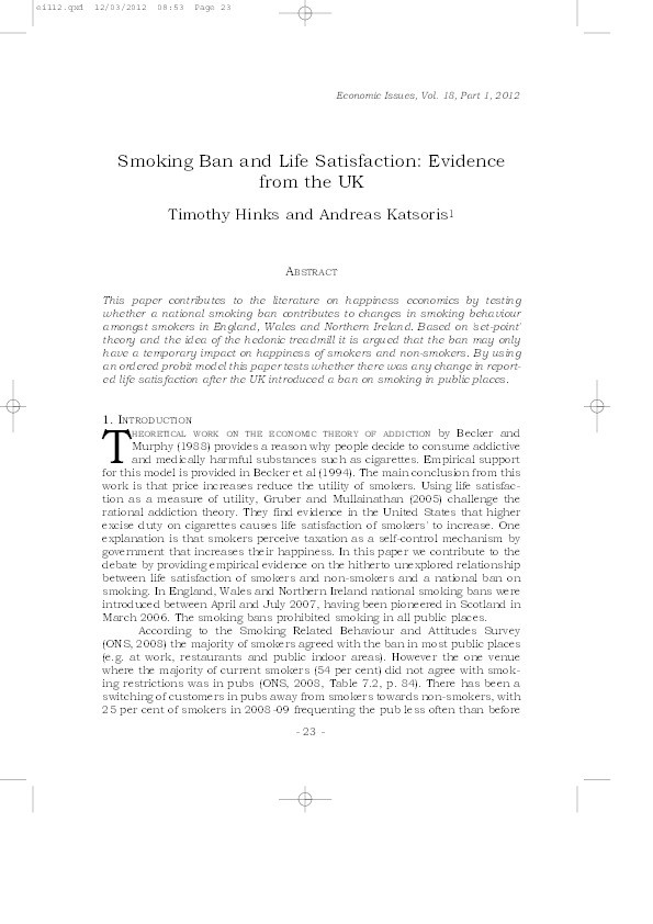 Smoking ban and life satisfaction: Evidence
from the UK Thumbnail
