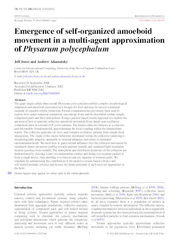 Emergence of self-organized amoeboid movement in a multi-agent approximation of Physarum polycephalum Thumbnail