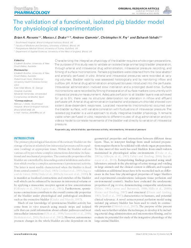 The validation of a functional, isolated pig bladder model for physiological experimentation Thumbnail