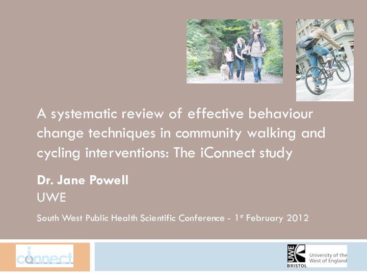 A systematic review of behaviour change techniques in walking and cycling interventions: the iConnect study Thumbnail