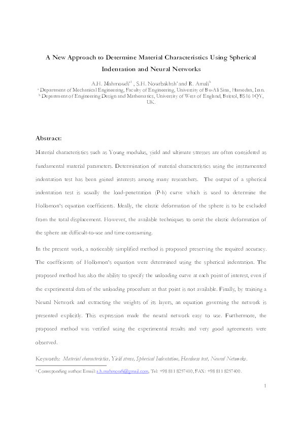 An alternative approach to determine material characteristics using spherical indentation and neural networks for bulk metals Thumbnail