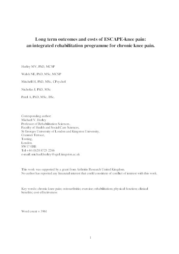 Long-Term outcomes and costs of an integrated rehabilitation program for chronic knee pain: A pragmatic, cluster randomized, controlled trial Thumbnail