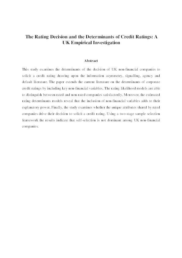 The rating decision and the determinants of credit ratings: A UK empirical investigation Thumbnail