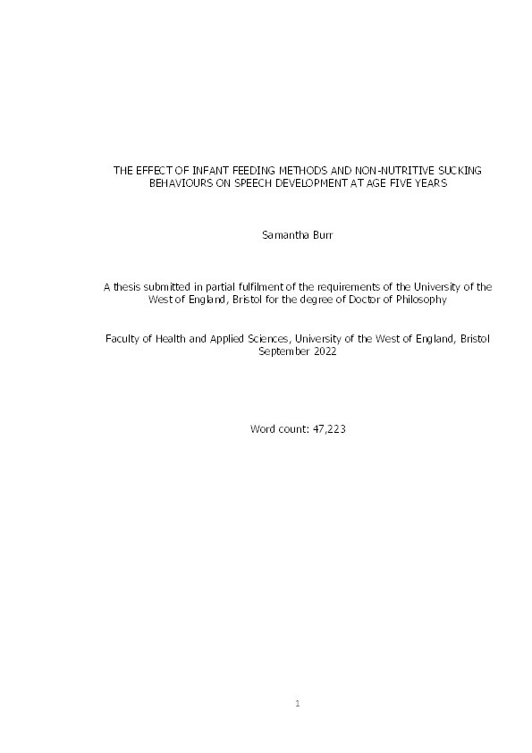 The effect of infant feeding methods and non-nutritive sucking behaviours on speech sound development at age five years Thumbnail