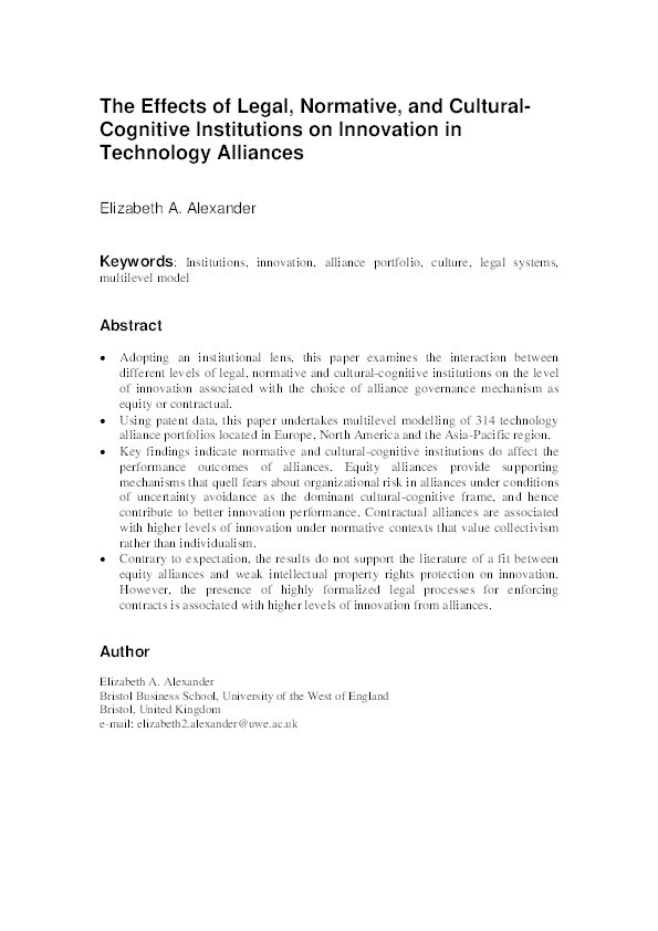 The Effects of Legal, Normative, and Cultural-Cognitive Institutions on Innovation in Technology Alliances Thumbnail