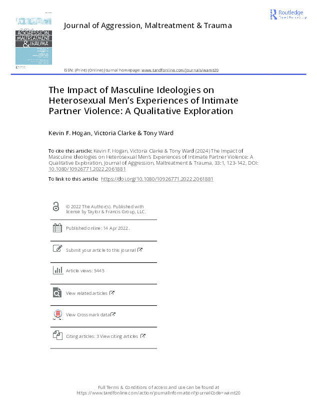 The impact of masculine ideologies on heterosexual men’s experiences of intimate partner violence: A qualitative exploration Thumbnail