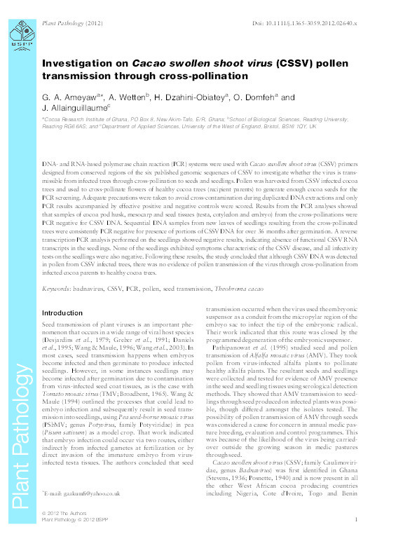Investigation on Cacao swollen shoot virus (CSSV) pollen transmission through cross-pollination Thumbnail