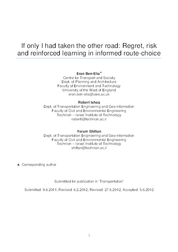 "If only I had taken the other road...": Regret, risk and reinforced learning in informed route-choice Thumbnail