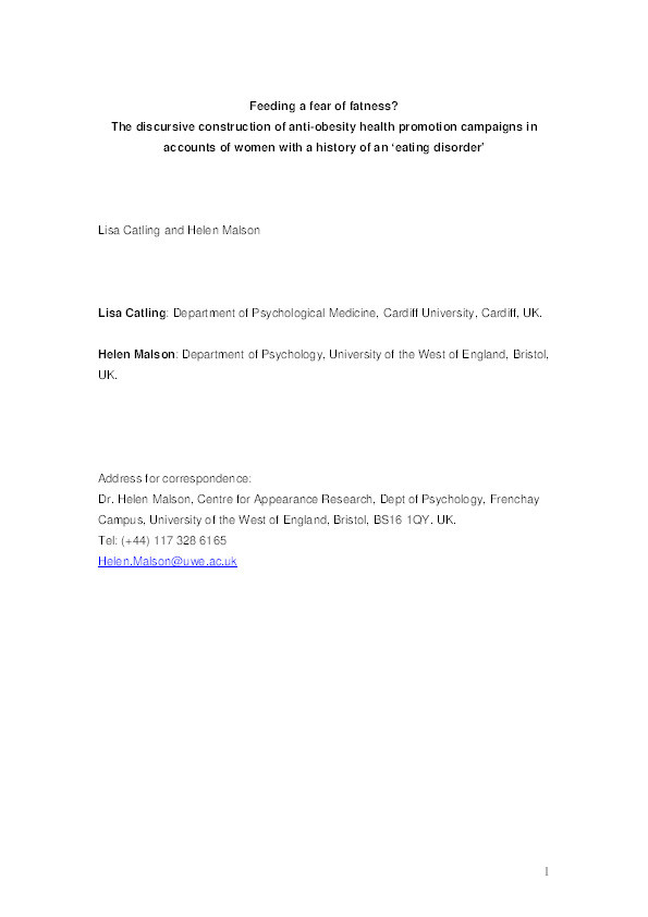 Feeding a fear of fatness? A preliminary investigation of how women with a history of eating disorders view ‘anti-obesity’ health promotion campaigns Thumbnail