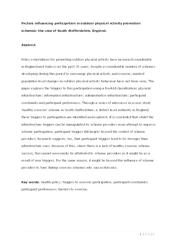 Factors influencing participation in outdoor physical activity promotion schemes: The case of South Staffordshire, England Thumbnail