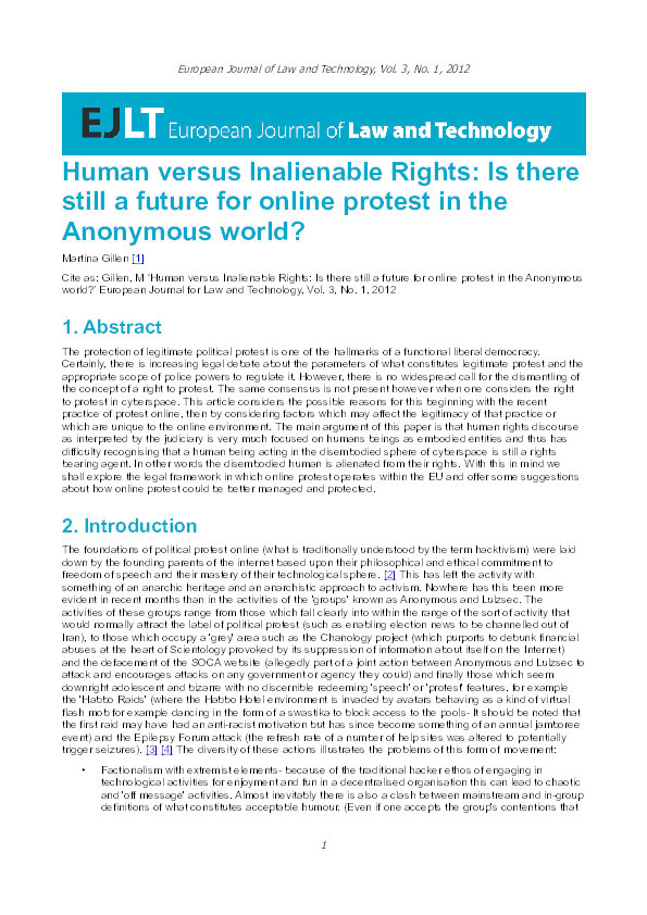 Human versus inalienable rights: Is there still a future for online protest in the anonymous world? Thumbnail
