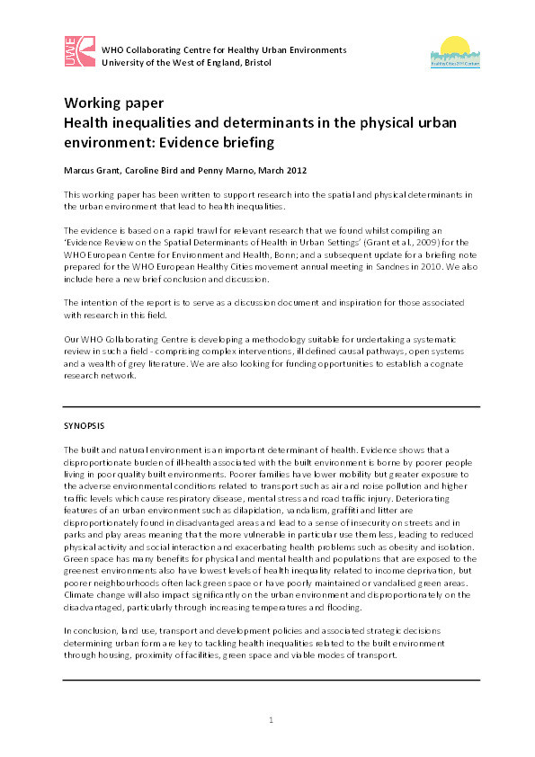 Health inequalities and determinants in the physical urban environment: Evidence briefing Thumbnail