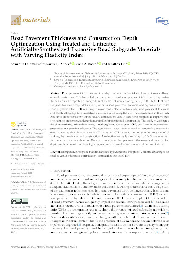 Road pavement thickness and construction depth optimization using treated and untreated artificially-synthesized expansive road subgrade materials with varying plasticity index Thumbnail