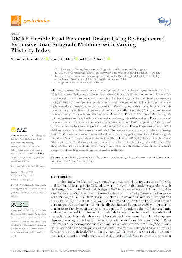 DMRB flexible road pavement design using re-engineered expansive road subgrade materials with varying plasticity index Thumbnail