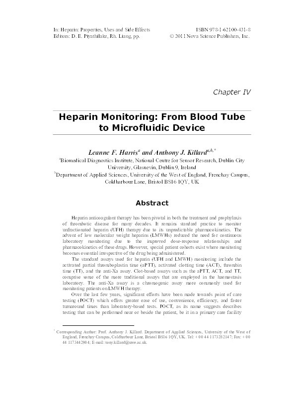 Heparin monitoring: From blood tube to microfluidic device Thumbnail