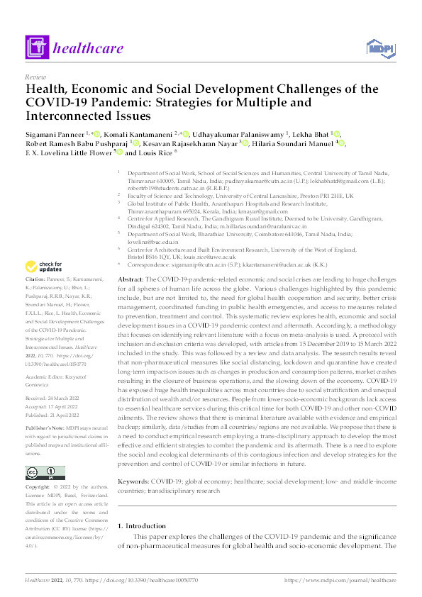 Health, economic and social development challenges of the COVID-19 pandemic: Strategies for multiple and interconnected issues Thumbnail