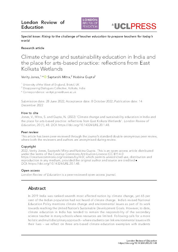 Climate change and sustainability education in India and the place for arts-based practice: Reflections from East Kolkata Wetlands Thumbnail