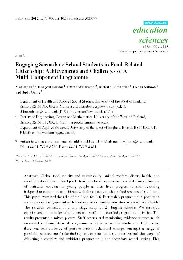 Engaging secondary school students in food-related citizenship: Achievements and challenges of a multi-component programme Thumbnail