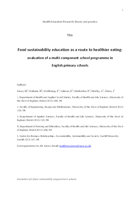 Food sustainability education as a route to healthier eating: Evaluation of a multi-component school programme in English primary schools Thumbnail