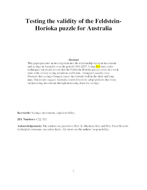 Testing the validity of the Feldstein-Horioka puzzle for Australia Thumbnail