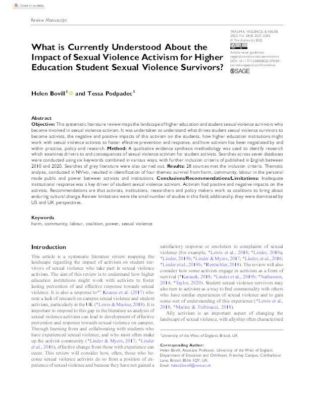 What is currently understood about the impact of sexual violence activism for higher education student sexual violence survivors? Thumbnail