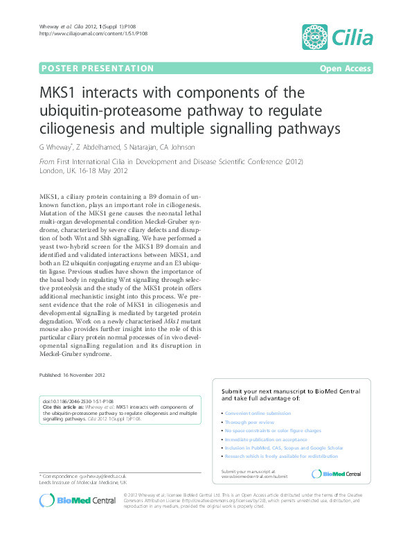 MKS1 interacts with components of the ubiquitin-proteasome pathway to regulate ciliogenesis and multiple signalling pathways Thumbnail