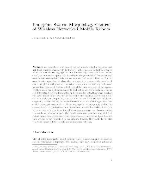 Emergent swarm morphology control of wireless networked mobile robots Thumbnail