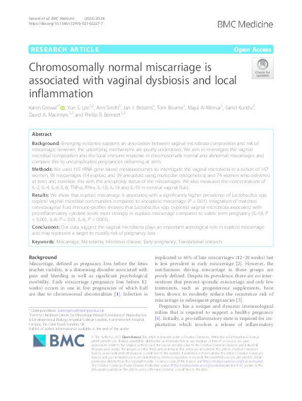 Chromosomally normal miscarriage is associated with vaginal dysbiosis and local inflammation Thumbnail
