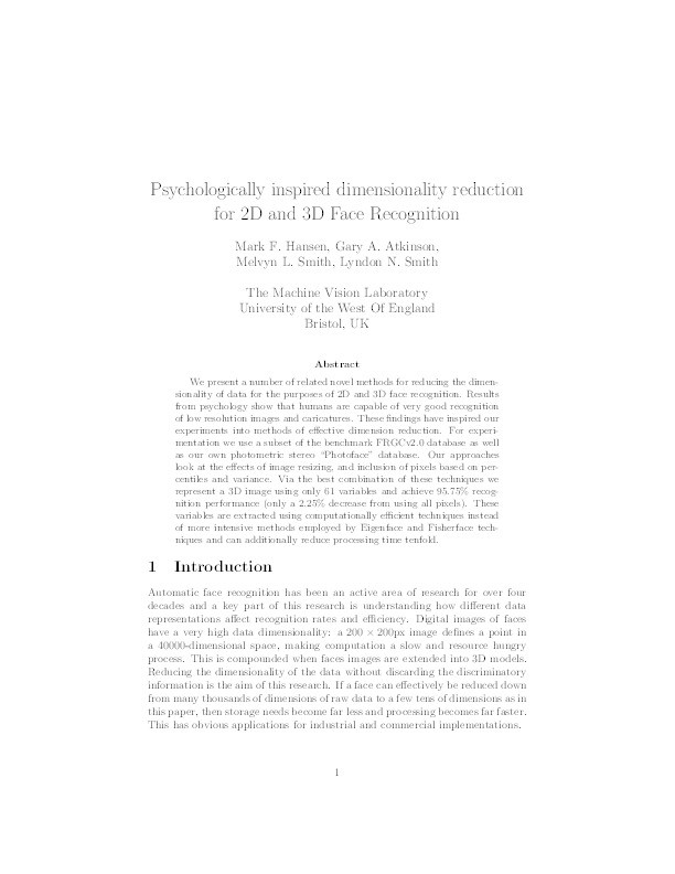 Psychologically inspired dimensionality reduction for 2D and 3D Face Recognition Thumbnail