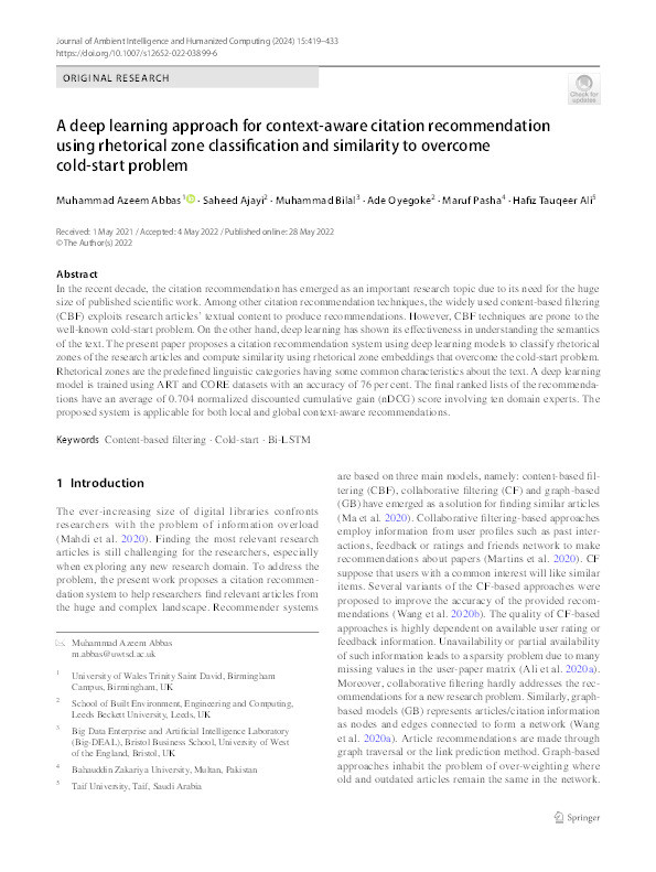 A deep learning approach for context-aware citation recommendation using rhetorical zone classification and similarity to overcome cold-start problem Thumbnail