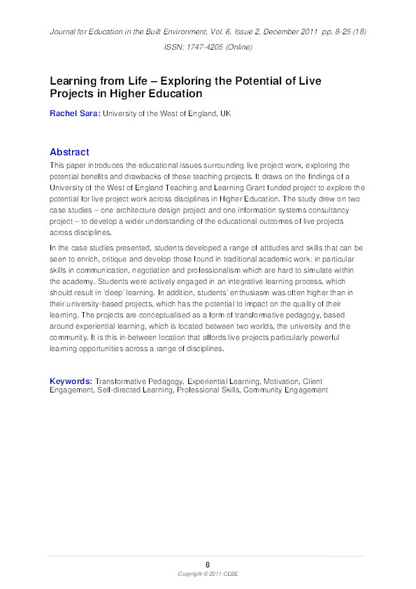Learning from life: Exploring the potential of live projects in higher education Thumbnail