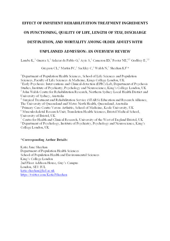 Effect of inpatient rehabilitation treatment ingredients on functioning, quality of life, length of stay, discharge destination, and mortality among older adults with unplanned admission: An overview review Thumbnail