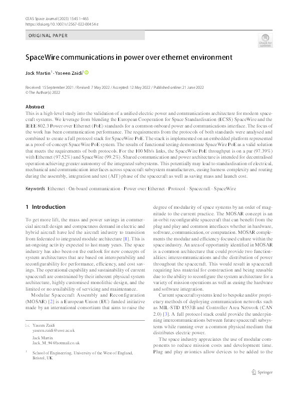 SpaceWire communications in power over Ethernet environment Thumbnail