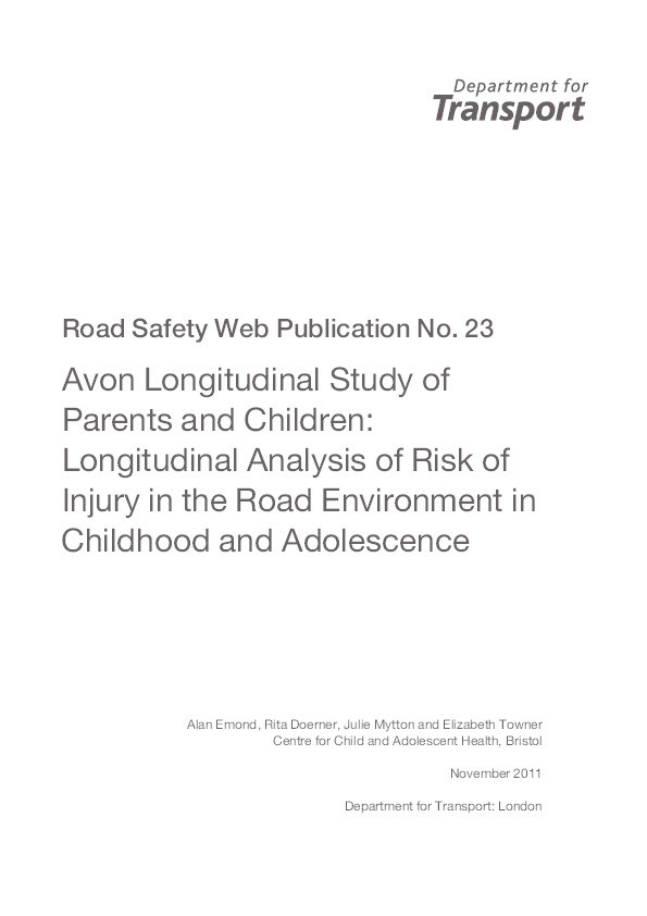 Avon longitudinal study of parents and children: Longitudinal analysis of risk of injury in the road environment in childhood and adolescence (Road safety web publication No. 23) Thumbnail