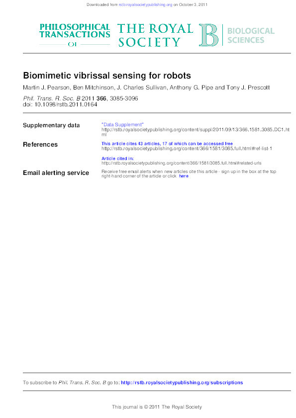 Biomimetic vibrissal sensing for robots Thumbnail