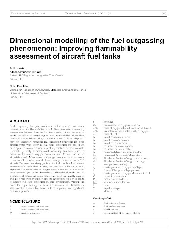 Dimensional modelling of the fuel outgassing phenomenon: Improving flammability assessment of aircraft fuel tanks Thumbnail