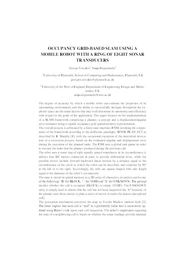 Occupancy grid-based SLAM using a mobile robot with a ring of eight sonar transducers Thumbnail