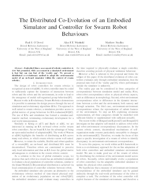 The distributed co-evolution of an embodied simulator and controller for swarm robot behaviours Thumbnail