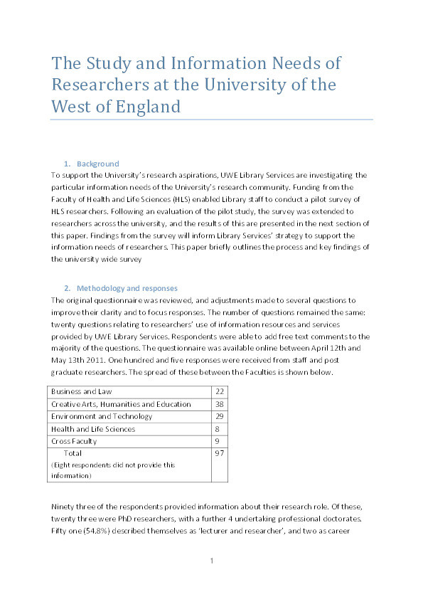 The study and information needs of researchers at the University of the West of England Thumbnail
