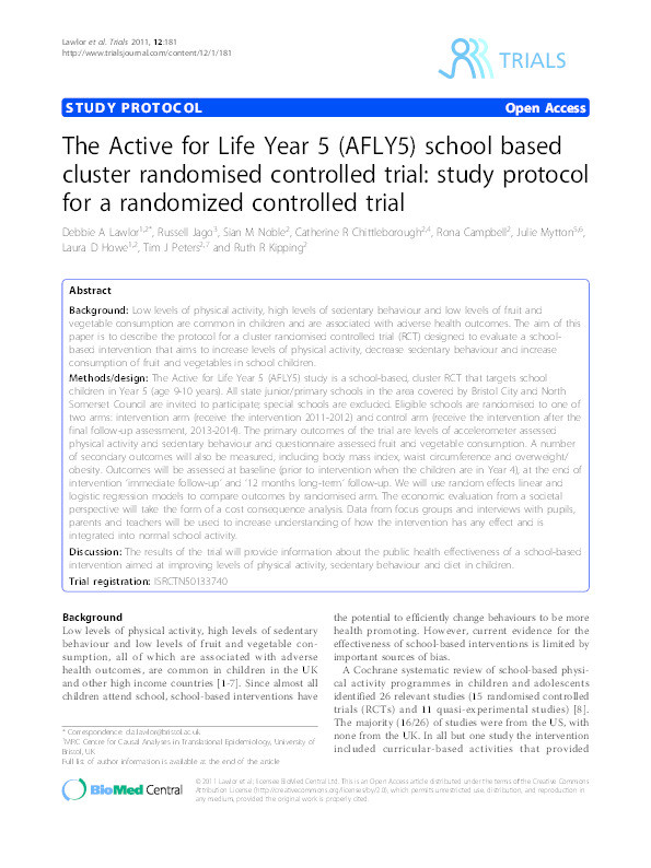 The Active for Life Year 5 (AFLY5) school based cluster randomised controlled trial: Study protocol for a randomized controlled trial Thumbnail