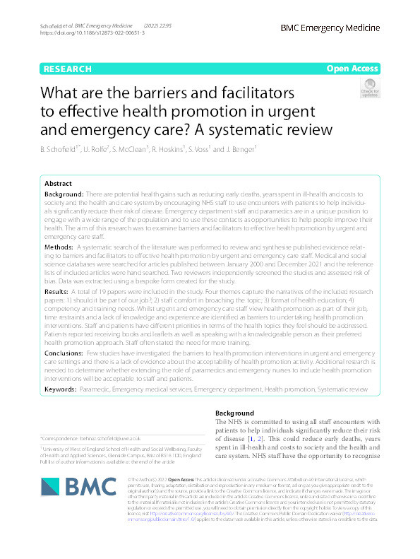 What are the barriers and facilitators to effective health promotion in urgent and emergency care? A systematic review Thumbnail