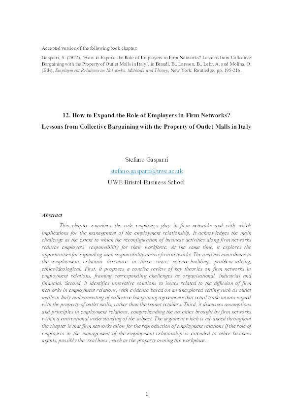 How to expand the role of employers in firm networks?: Lessons from collective bargaining with the property of outlet malls in Italy Thumbnail