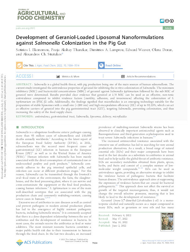 Development of geraniol-loaded liposomal nanoformulations against salmonella colonization in the pig gut Thumbnail