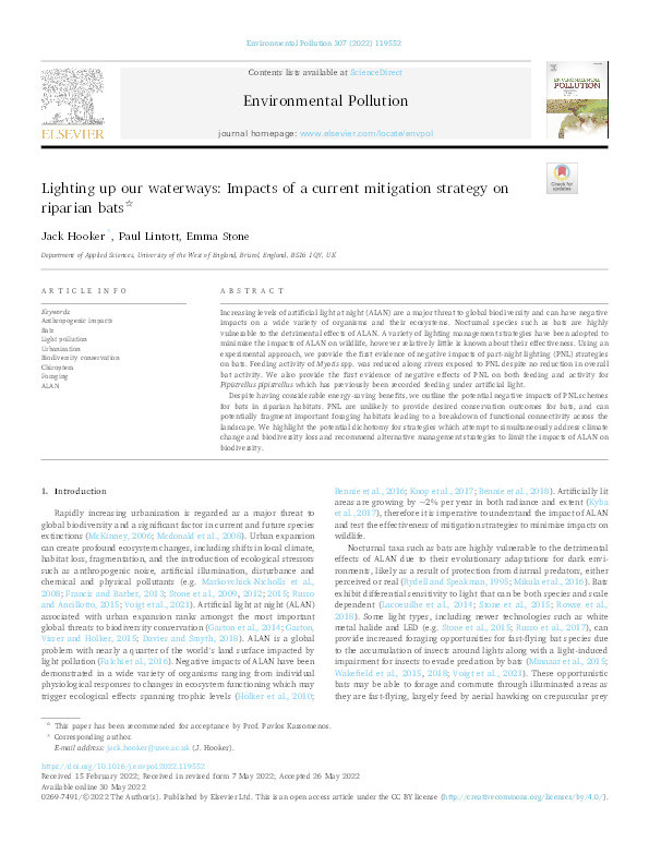 Lighting up our waterways: Impacts of a current mitigation strategy on Riparian bats Thumbnail
