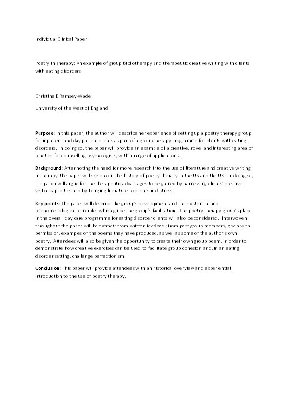 Poetry in therapy: An example of group bibliotherapy and therapeutic creative writing with clients with eating disorders Thumbnail