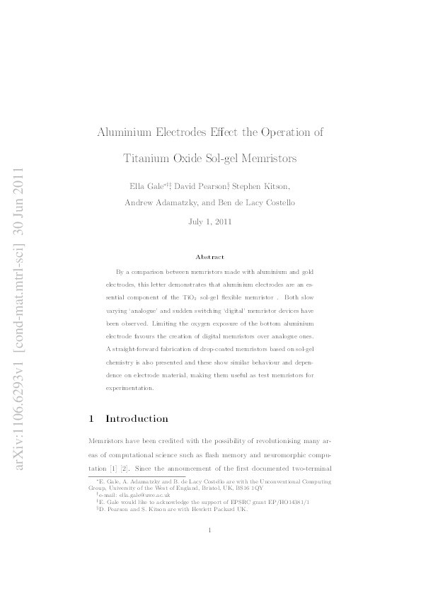 Aluminium electrodes effect the operation of titanium oxide sol-gel memristors Thumbnail