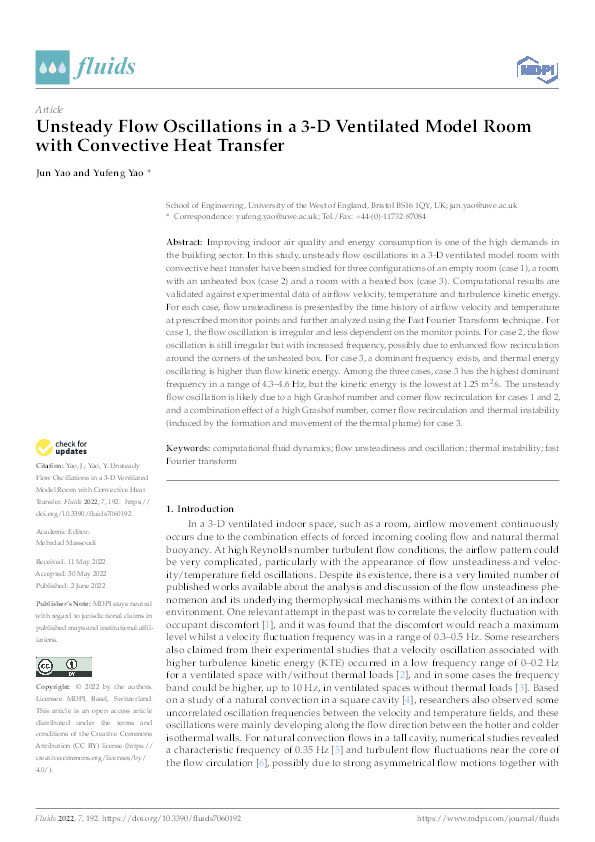 	Unsteady flow oscillations in a 3-D ventilated model room with convective heat transfer Thumbnail